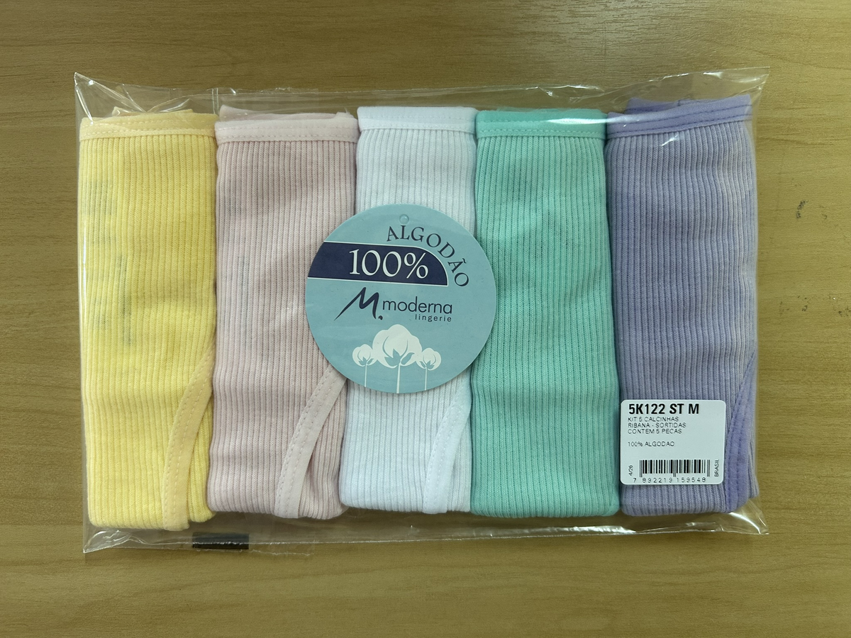Kit com 5 calcinhas biquíni 100% algodão com elástico em cores sortidas na embalagem