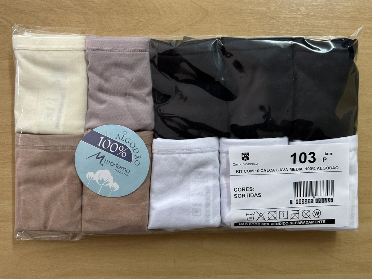 Kit 10 calcinhas calça cava média 100% algodão com viés em cores sortidas na embalagem