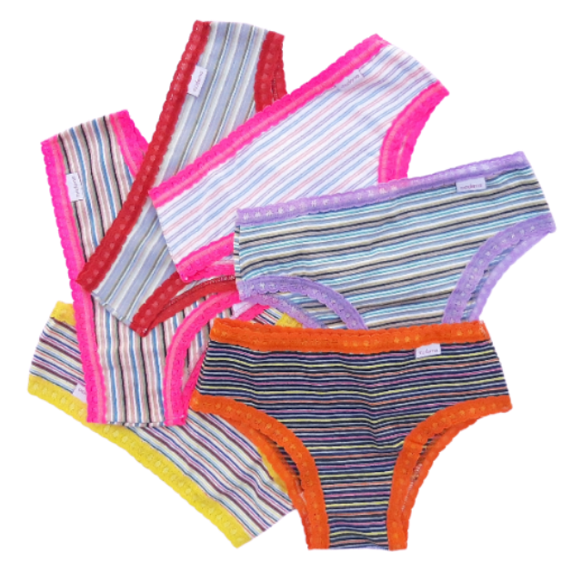 Kit com 6 calcinhas infantis de algodão listradas com elástico de renda em cores sortidas