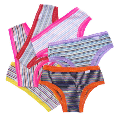 Kit com 6 calcinhas infantis de algodão listradas com elástico de renda em cores sortidas