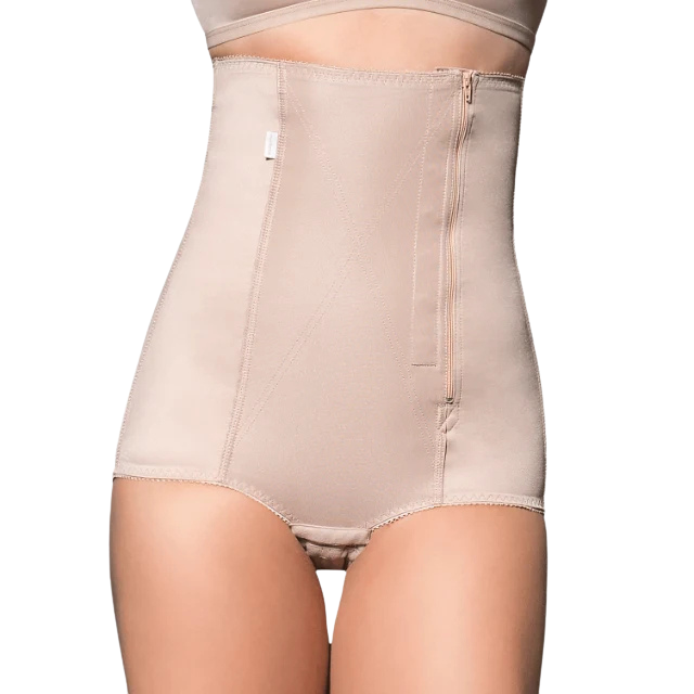 Cinta alta pós-parto chocolate vista frontal no corpo