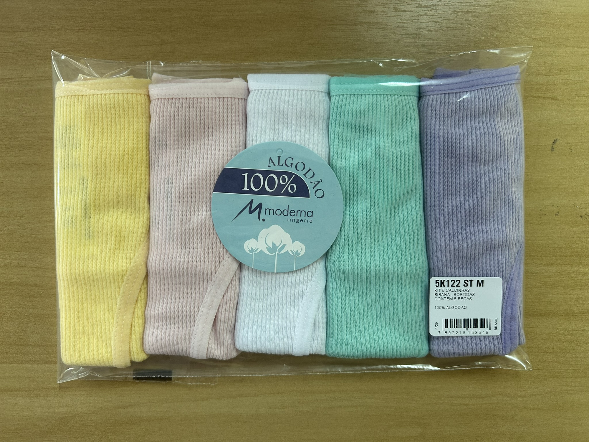 Kit com 5 calcinhas biquíni 100% algodão com elástico em cores sortidas na embalagem