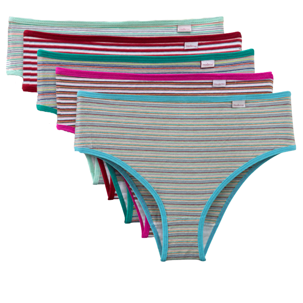 Kit com 5 calcinhas calça cava média de algodão com elastano e estampas listradas sortidas