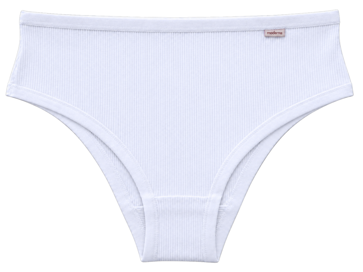Calcinha calça cava média 100% algodão com viés branca vista frontal