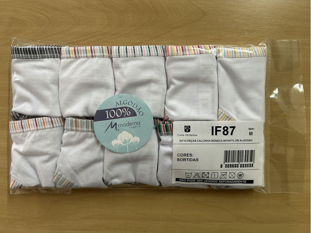 10IF87 - KIT CALCINHA INFANTIL ALGODAO COM VIES PERNA E CINTURA LISTRAS SORTIDAS - KIT COM 10 PECAS NA COR BRANCA COM LISTRAS SORTIDAS