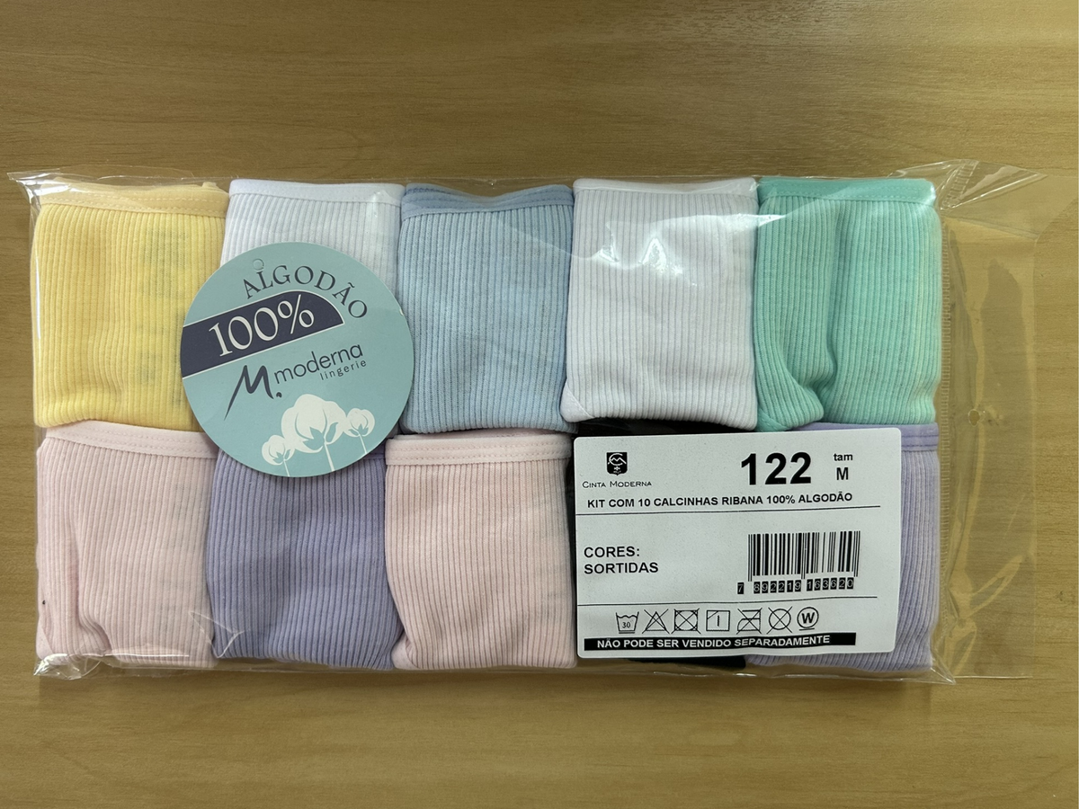 10K122 - KIT BIQUINI RIBANA COM ELASTICO PERNA E CINTURA - KIT COM 10 PECAS EM CORES SORTIDAS