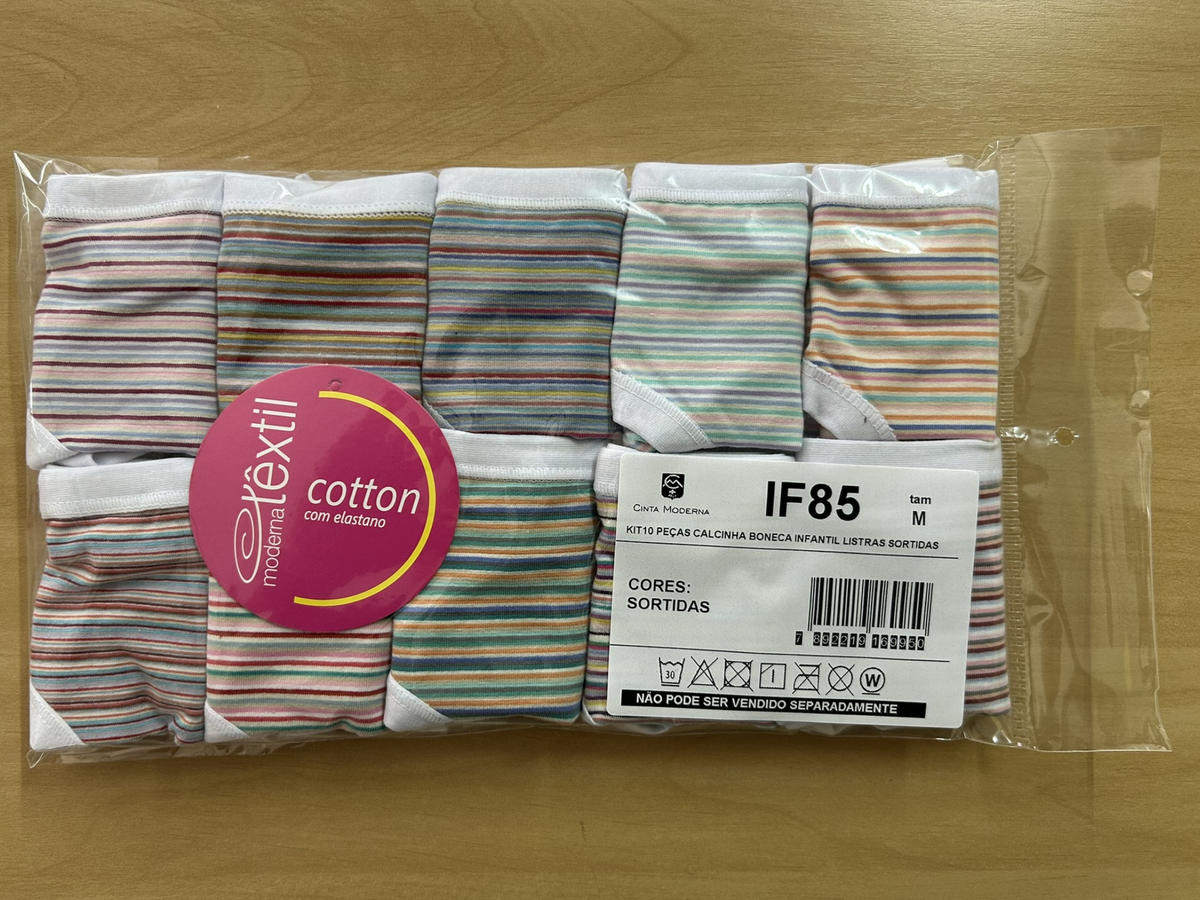 10IF85 - KIT CALCINHA BONECA INFANTIL COTTON LISTRAS SORTIDAS COM VIES PERNA E CINTURA - KIT COM 10 PECAS